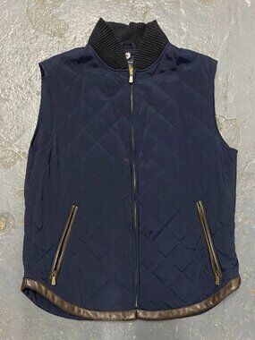 LORO PIANA Twenty K Storm System Vest Gilet Sz L Navy Quilted Leather Trim